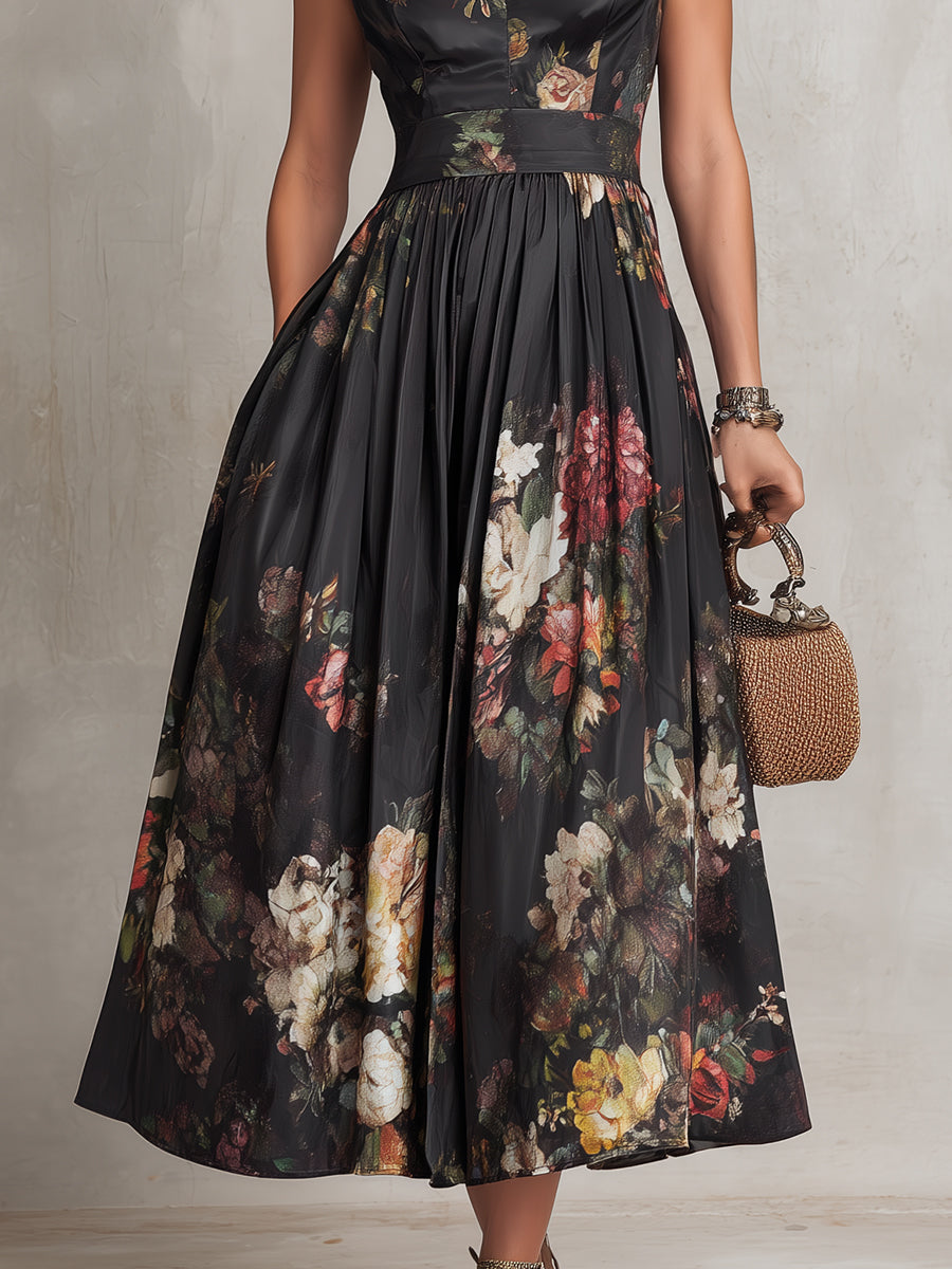 Vestido Midi de Satén Plisado con Escote Ojo de Cerradura Negro