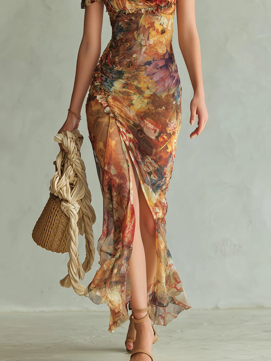 Vestido Maxi de Gasa Naranja con Estampado Efecto Óleo