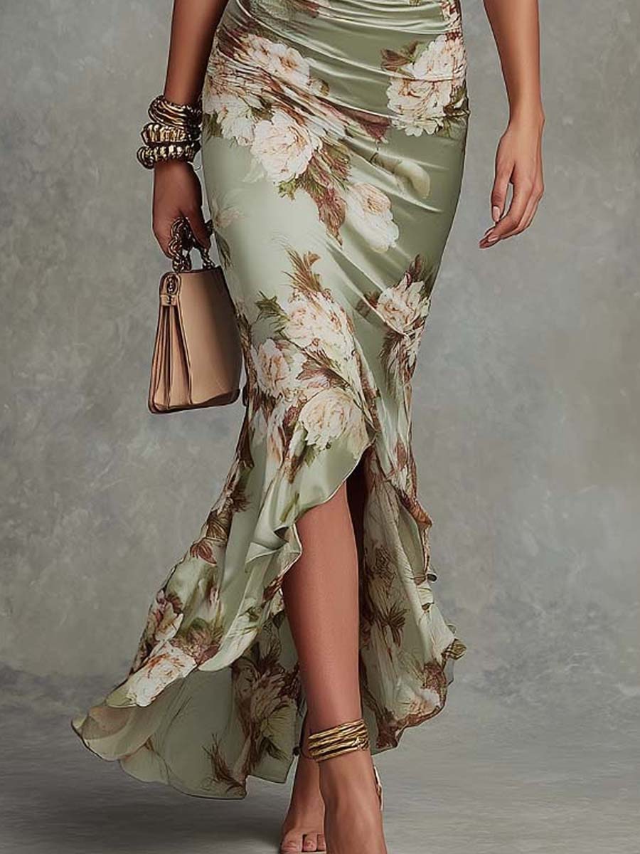 Vestido Maxi Asimétrico en Raso Verde Floral