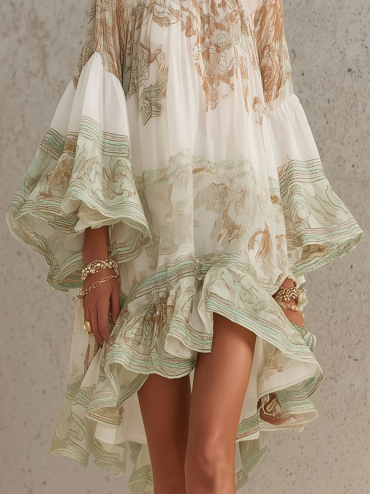 Vestido Mini en Chiffon con Rayas y Mangas de Volantes Verde