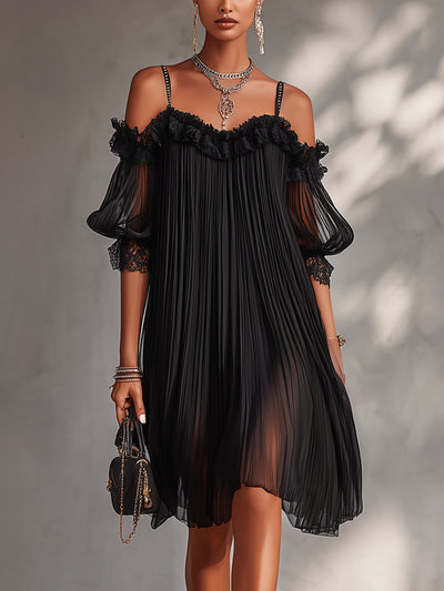 Vittoria | Minivestido Negro Muselina Hombros Descubiertos