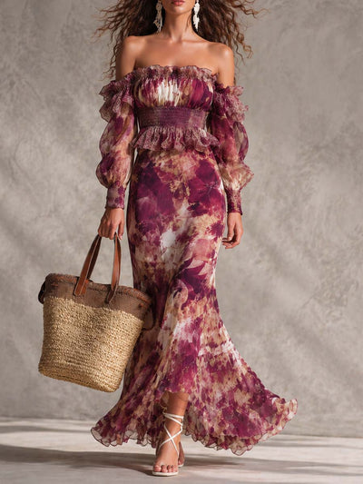 Vestido Maxi en Chiffon Rosa con Hombros Descubiertos