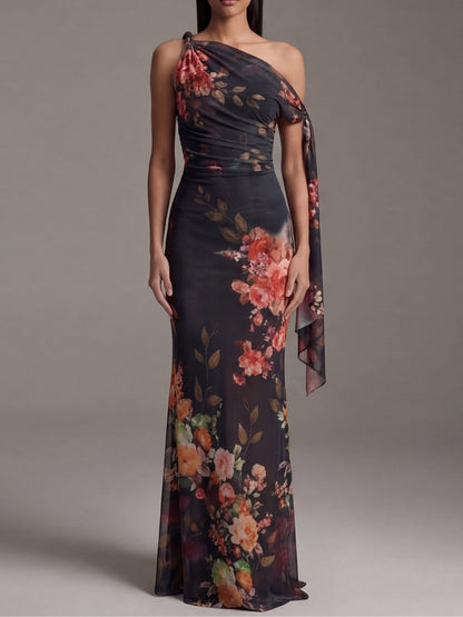 Vestido Maxi Plisado Negro de un Hombro
