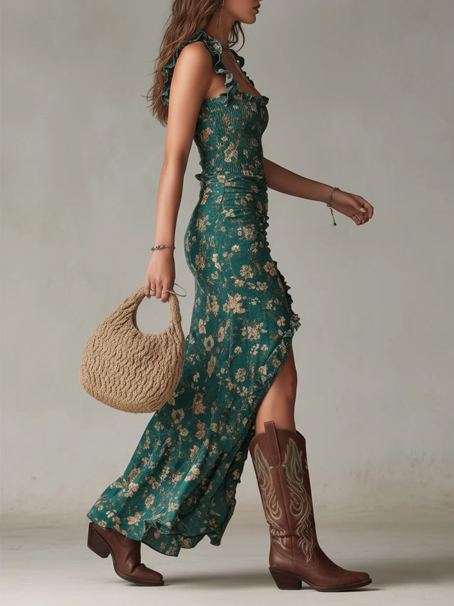 Vestido Maxi Estampado Verde Bohemio con Mangas de Volantes