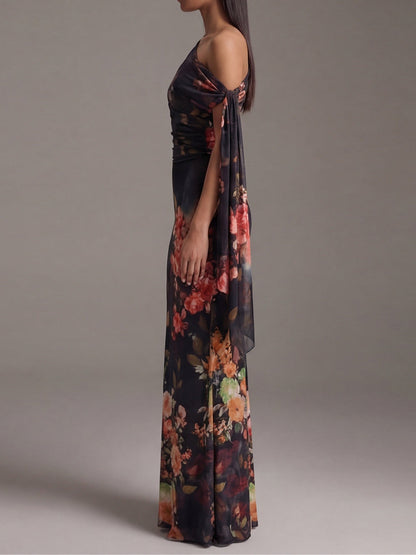 Vestido Maxi Plisado Negro de un Hombro
