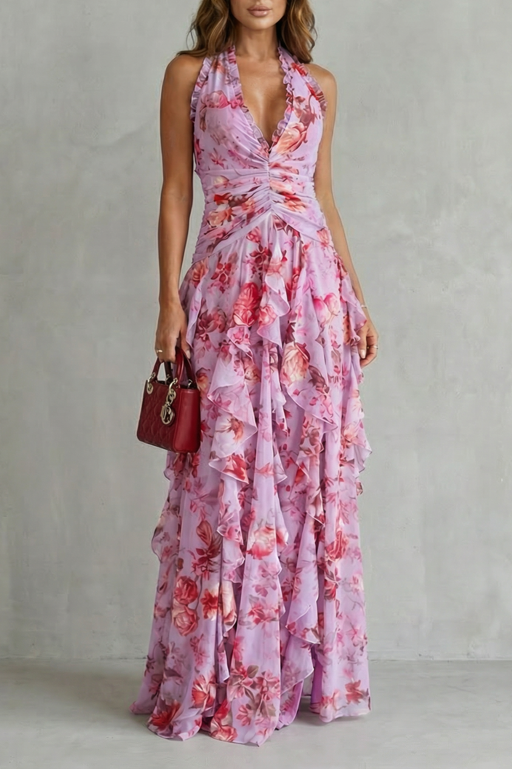 Belladina | Romántica Cascada de Rosas Vestido Largo con Escote Americana