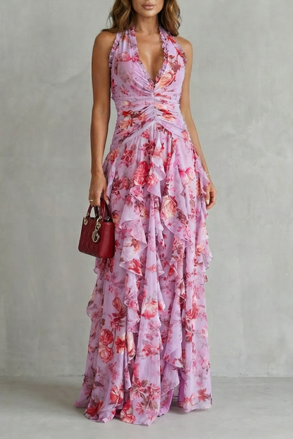 Belladina | Romántica Cascada de Rosas Vestido Largo con Escote Americana