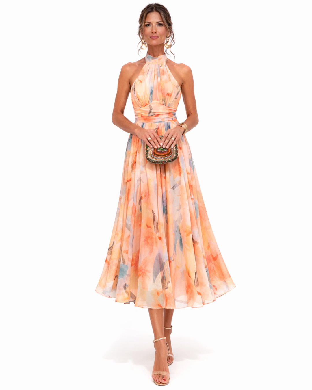 Aurora | Vestido con Cuello Halter e Impresión Acuarela
