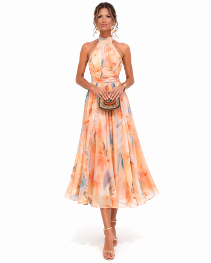 Aurora | Vestido con Cuello Halter e Impresión Acuarela