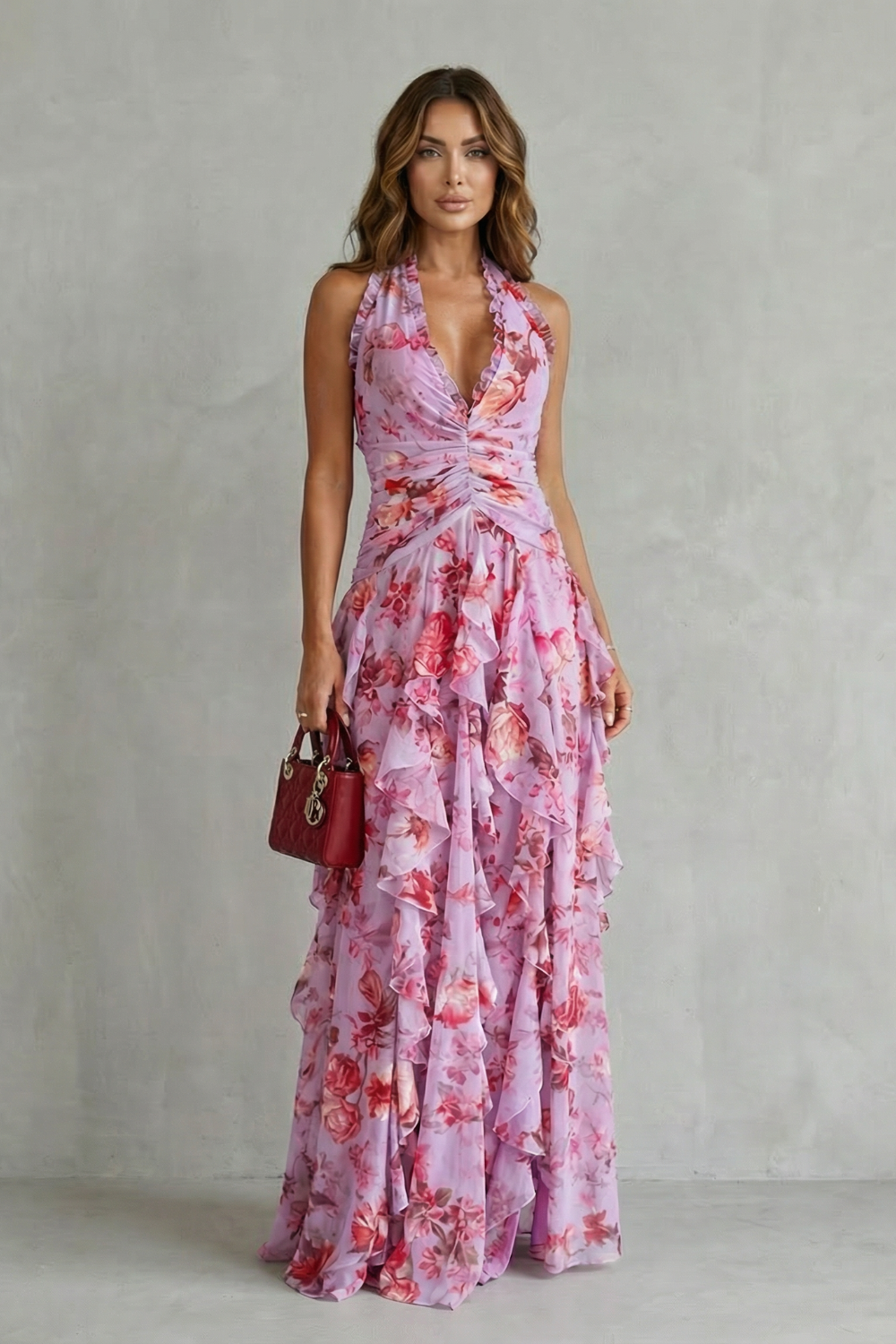 Belladina | Romántica Cascada de Rosas Vestido Largo con Escote Americana