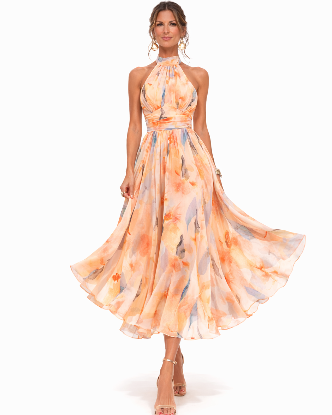 Aurora | Vestido con Cuello Halter e Impresión Acuarela