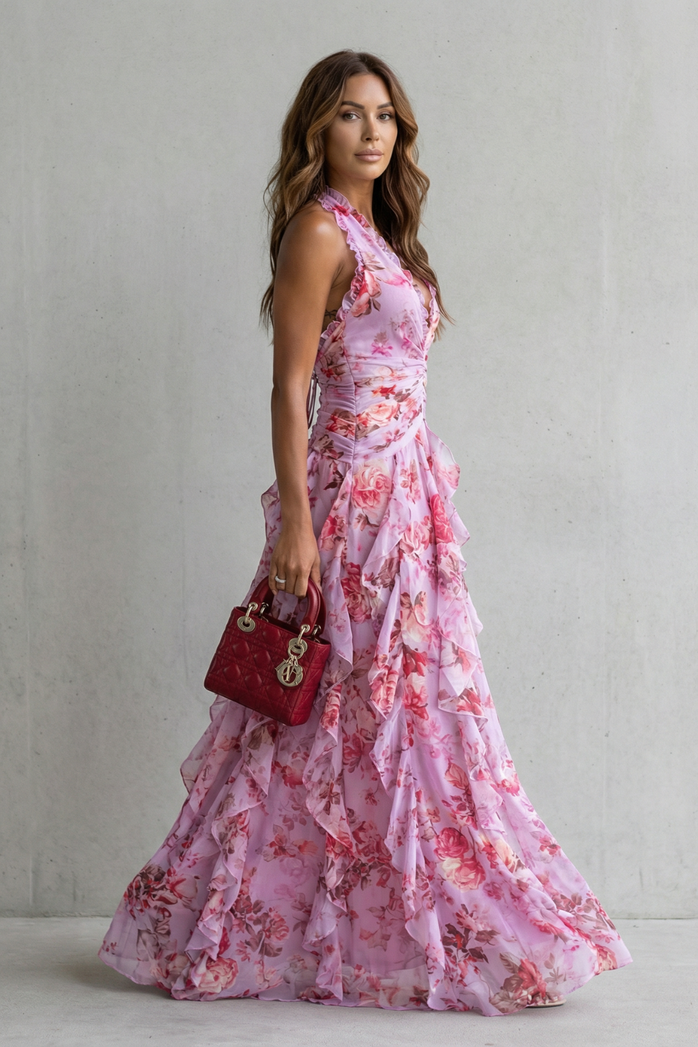Belladina | Romántica Cascada de Rosas Vestido Largo con Escote Americana
