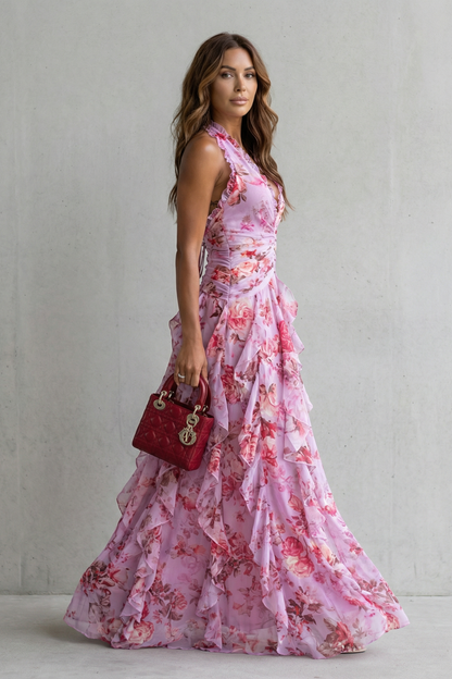Belladina | Romántica Cascada de Rosas Vestido Largo con Escote Americana