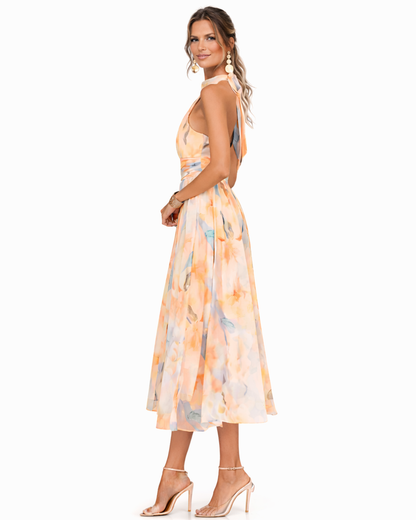Aurora | Vestido con Cuello Halter e Impresión Acuarela