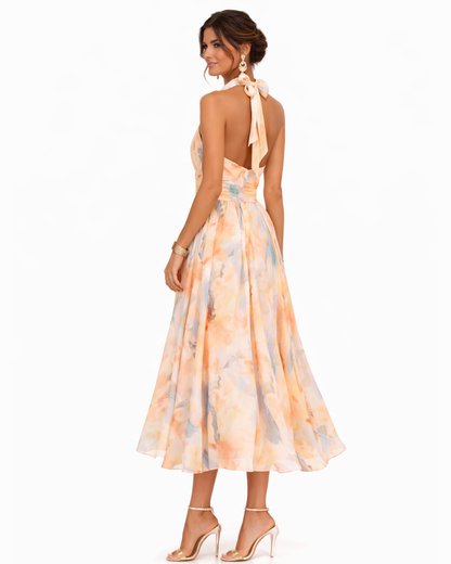 Aurora | Vestido con Cuello Halter e Impresión Acuarela