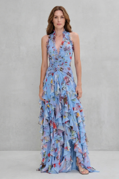 Belladina | Romántica Cascada de Rosas Vestido Largo con Escote Americana