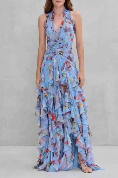 Belladina | Romántica Cascada de Rosas Vestido Largo con Escote Americana