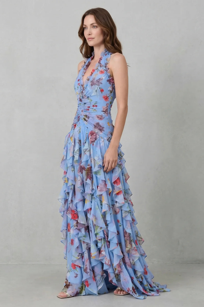 Belladina | Romántica Cascada de Rosas Vestido Largo con Escote Americana