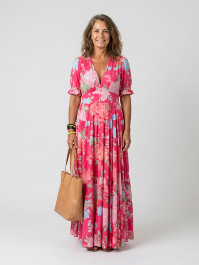 Aurora | Vestido midi con estampado floral de manga corta y escote en V