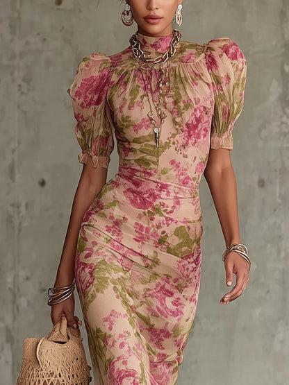 Vestido Maxi con Estampado Rosa Vintage y Mangas Abullonadas