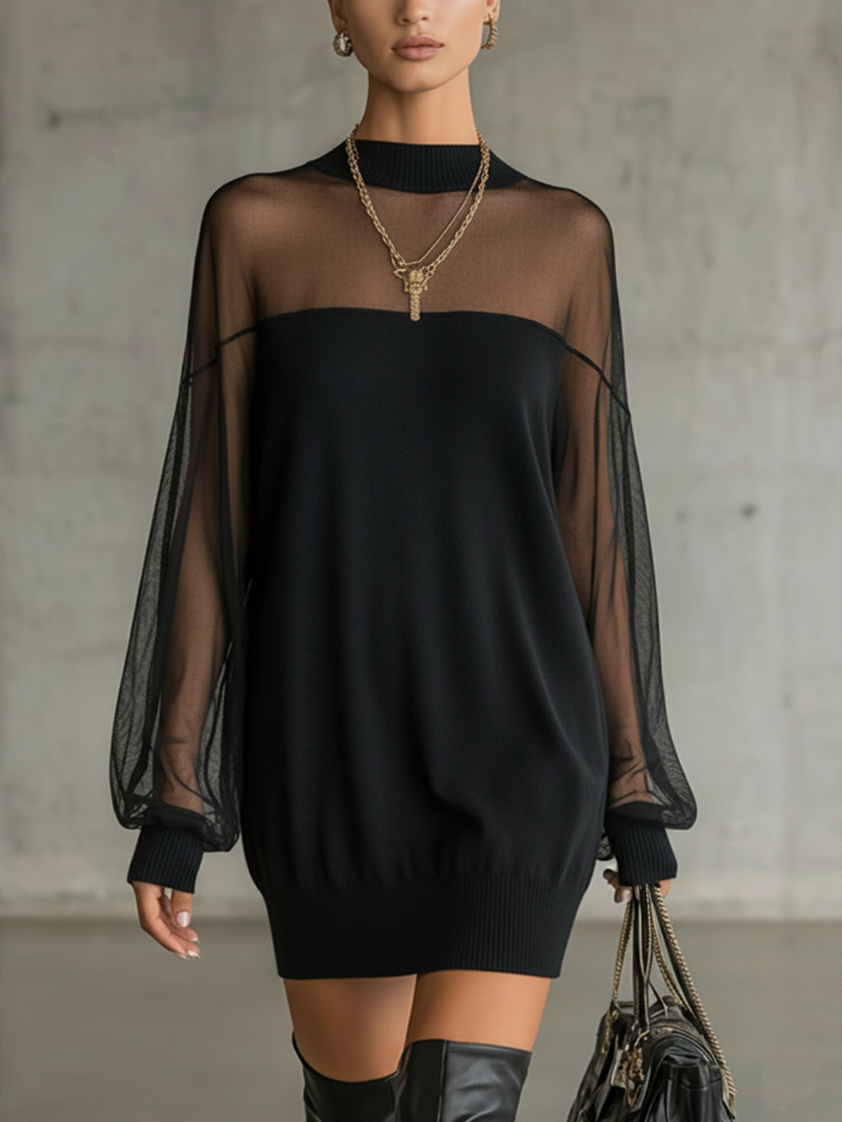 Amélie™ | Elegante Mini Vestido Negro con Mangas de Rejilla
