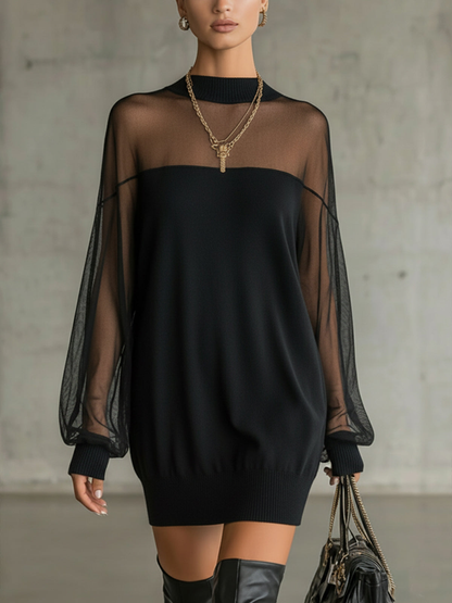 Amélie™ | Elegante Mini Vestido Negro con Mangas de Rejilla