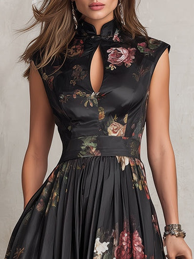 Vestido Midi de Satén Plisado con Escote Ojo de Cerradura Negro