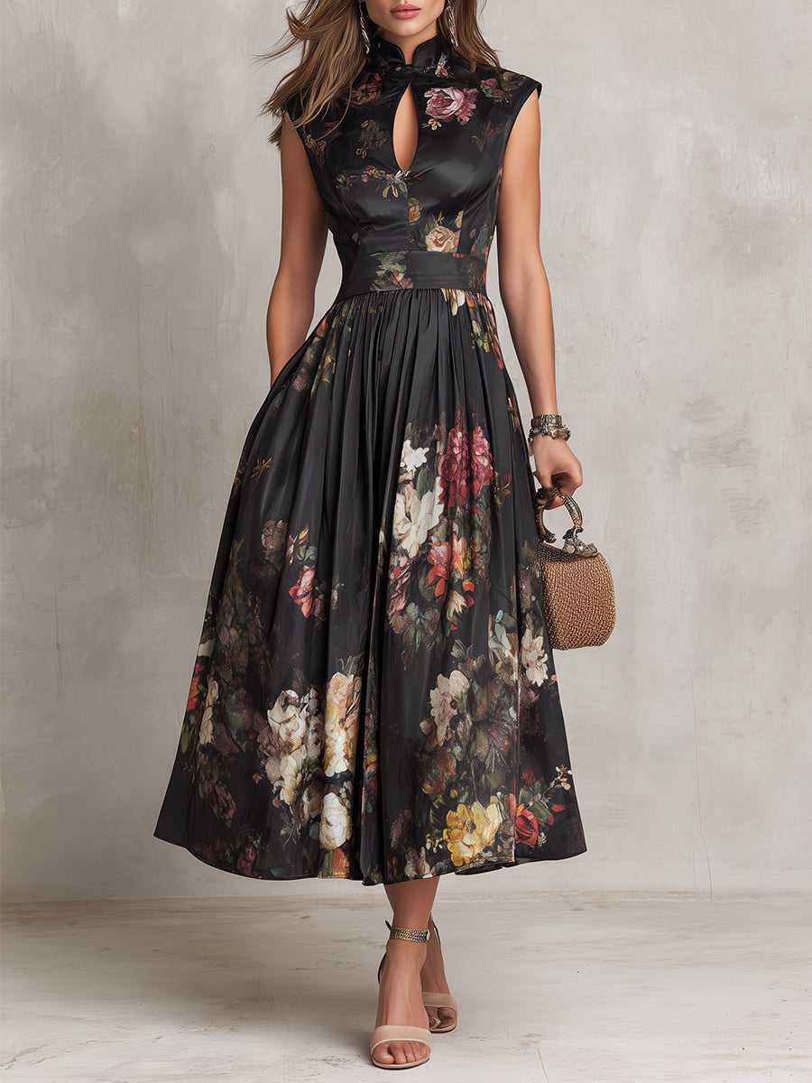 Vestido Midi de Satén Plisado con Escote Ojo de Cerradura Negro