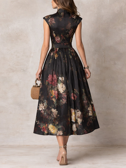 Vestido Midi de Satén Plisado con Escote Ojo de Cerradura Negro