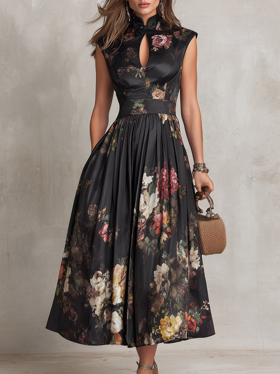 Vestido Midi de Satén Plisado con Escote Ojo de Cerradura Negro