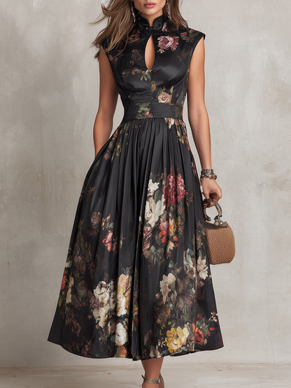Vestido Midi de Satén Plisado con Escote Ojo de Cerradura Negro