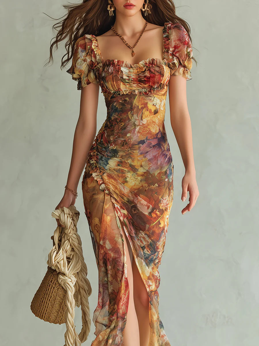 Vestido Maxi de Gasa Naranja con Estampado Efecto Óleo
