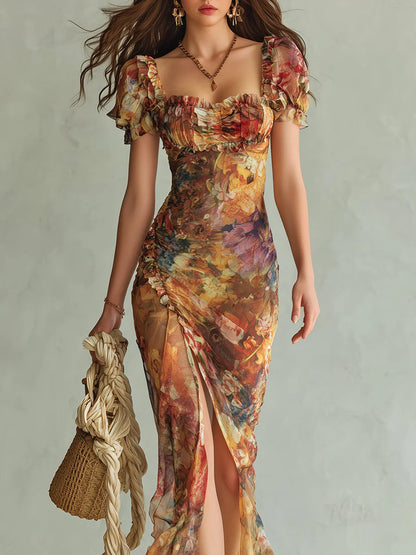 Vestido Maxi de Gasa Naranja con Estampado Efecto Óleo