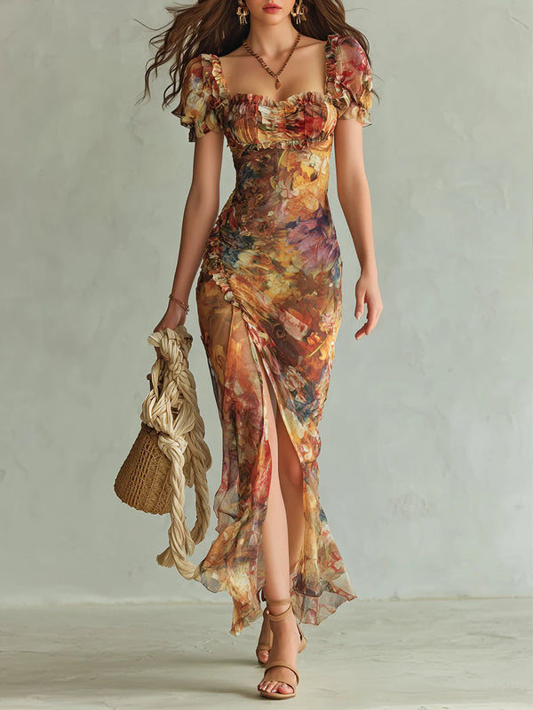Vestido Maxi de Gasa Naranja con Estampado Efecto Óleo