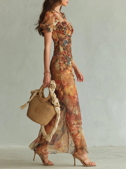 Vestido Maxi de Gasa Naranja con Estampado Efecto Óleo