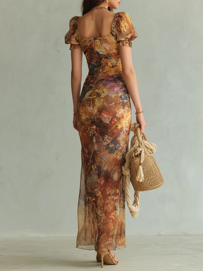 Vestido Maxi de Gasa Naranja con Estampado Efecto Óleo