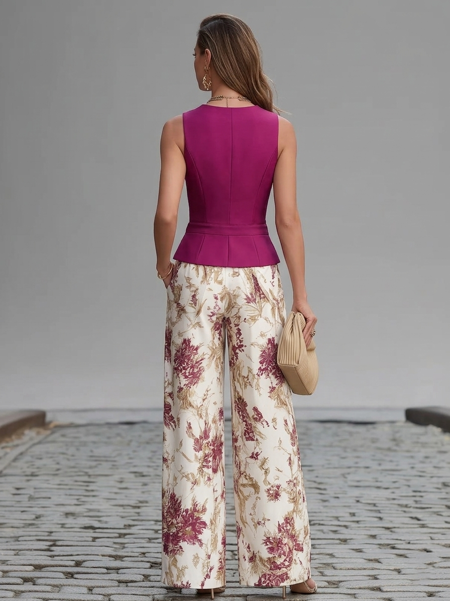 Conjunto de Chaleco Rosa y Pantalón Ancho Floral