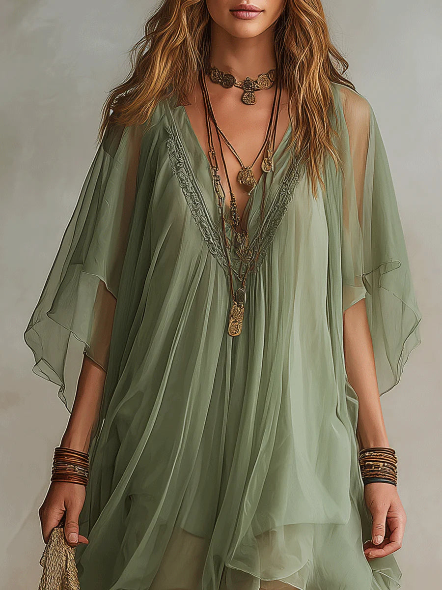 Vestido Mini Fluido de Gasa Verde con Escote en V