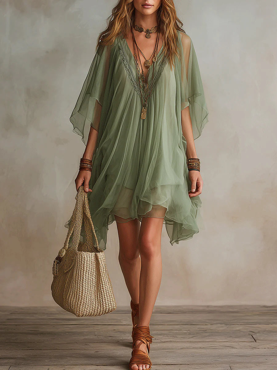 Vestido Mini Fluido de Gasa Verde con Escote en V