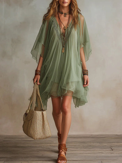 Vestido Mini Fluido de Gasa Verde con Escote en V