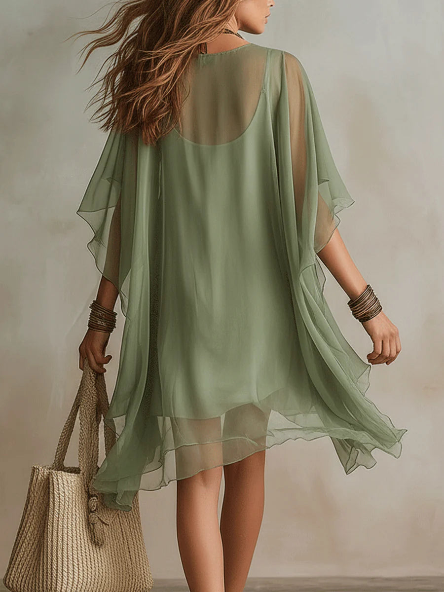 Vestido Mini Fluido de Gasa Verde con Escote en V