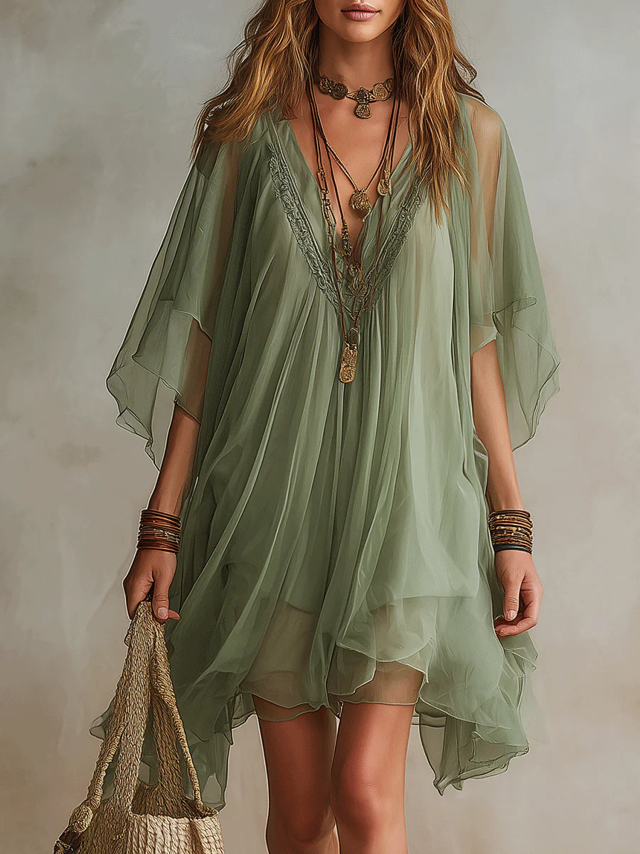 Vestido Mini Fluido de Gasa Verde con Escote en V