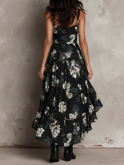 Vestido Maxi Sin Tirantes con Estampado Floral Negro