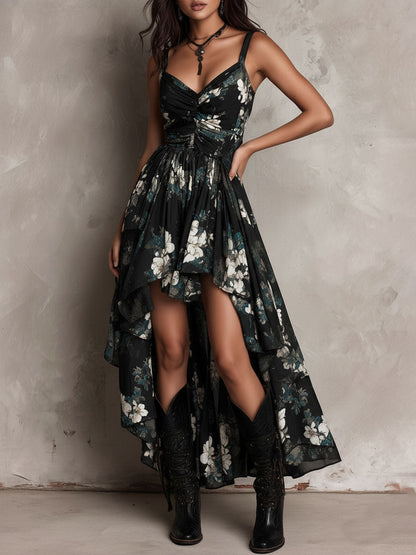 Vestido Maxi Sin Tirantes con Estampado Floral Negro