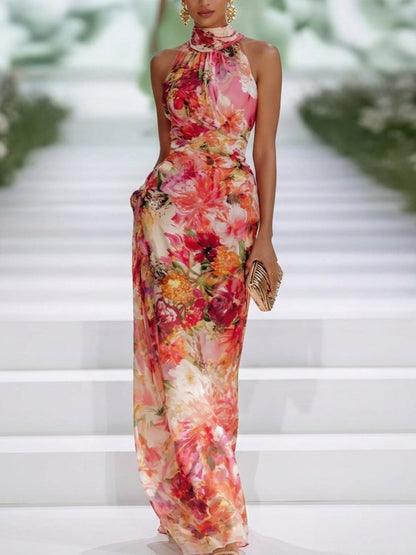 Vestido Maxi de Gasa Rojo con Escote Halter