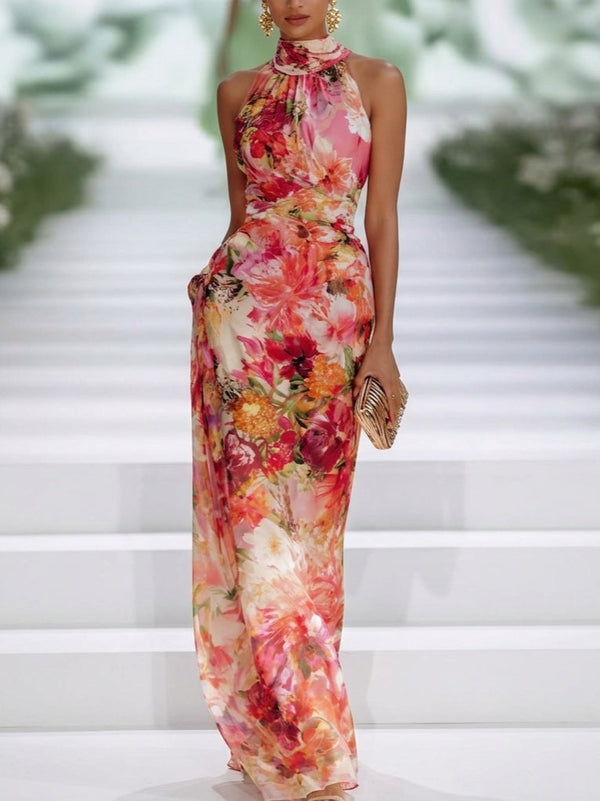Vestido Maxi de Gasa Rojo con Escote Halter