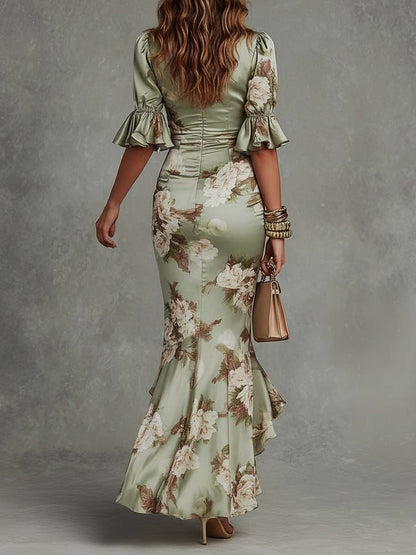 Vestido Maxi Asimétrico en Raso Verde Floral