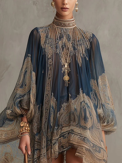 Vestido Mini en Chiffon con Estampado Barroco Azul Marino