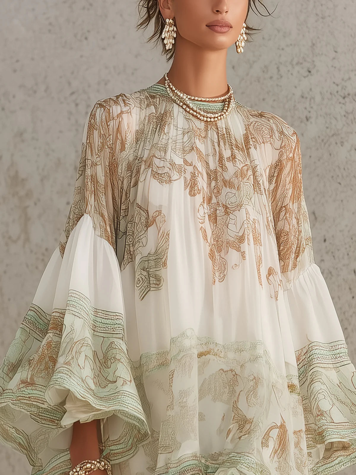 Vestido Mini en Chiffon con Rayas y Mangas de Volantes Verde