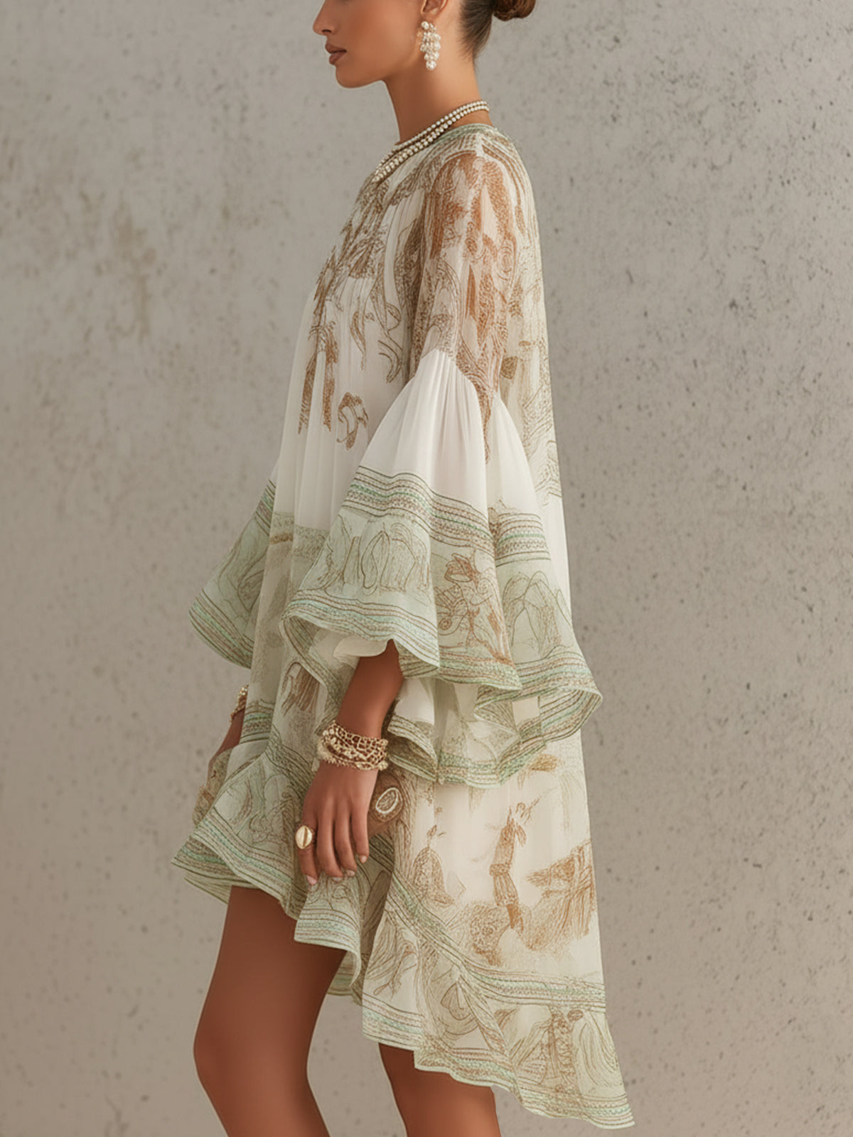 Vestido Mini en Chiffon con Rayas y Mangas de Volantes Verde